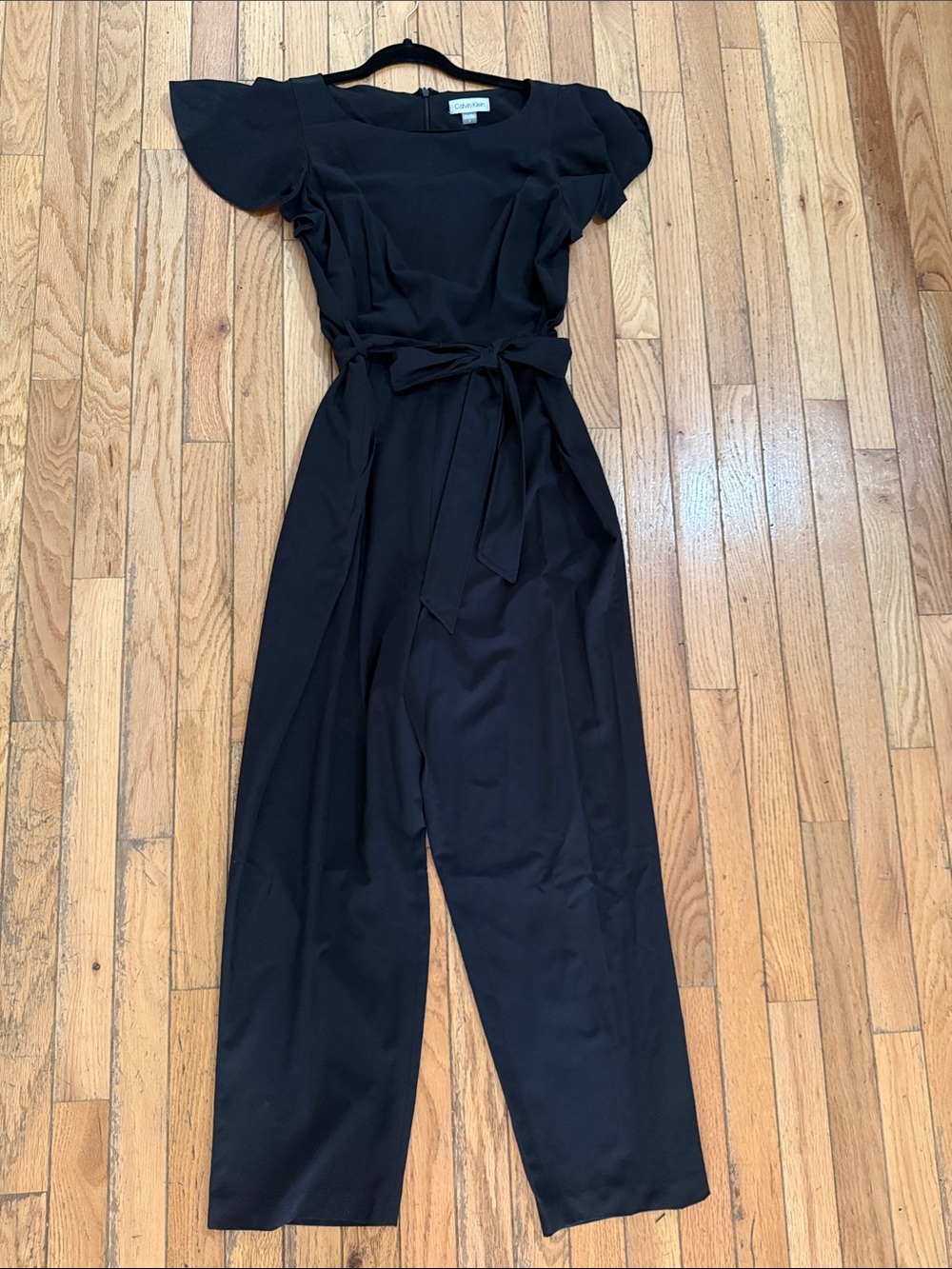 Calvin Klein Black Ruffle-Sleeve Tie-Waist Jumpsuit